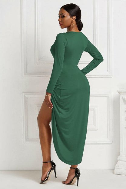 High-low Ruched Surplice Long Sleeve Dress.