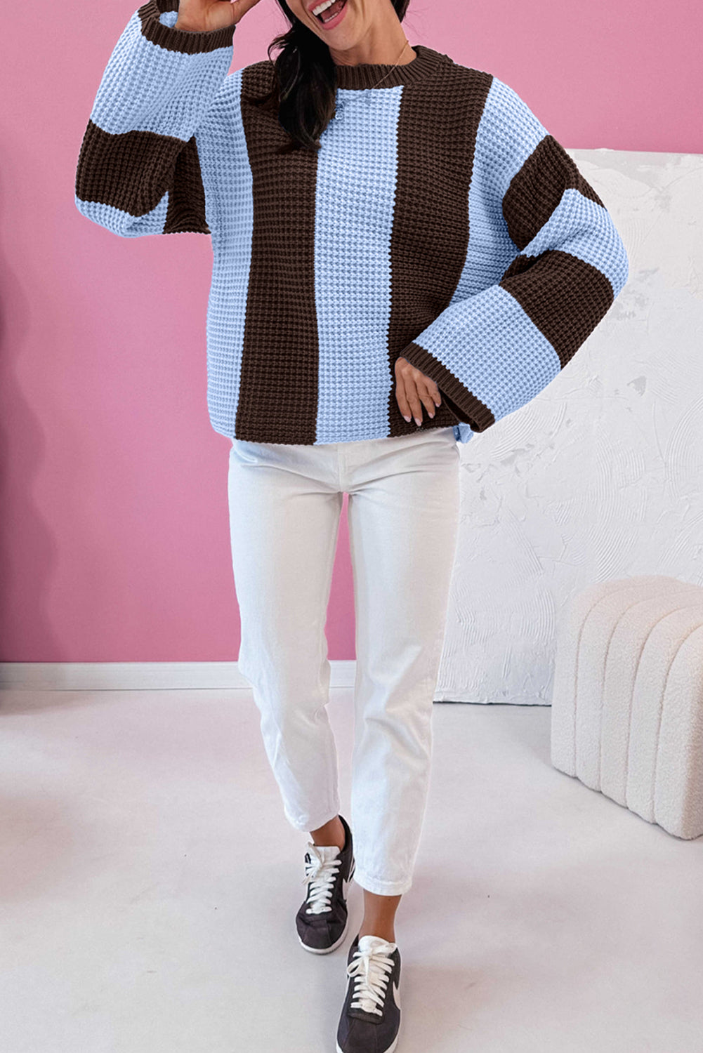 Myosotis Striped Color Block Thermal Textured Knit Drop Shoulder Sweater Dear-Lover Dropshipping