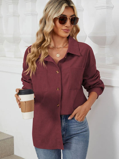 Chic Buttoned Long Sleeve Jacket with Dropped Shoulders