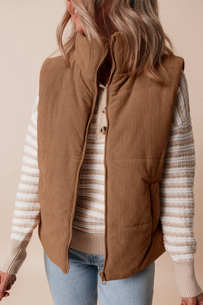 Cozy coffee corduroy puffer vest with stand neck and zipper closure