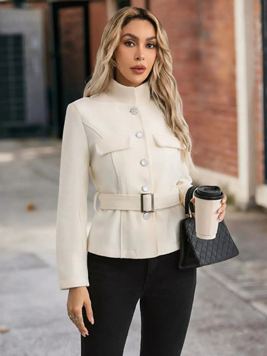 Belted Button Up Polyester Outerwear Jacket Lined For Women Simply Love