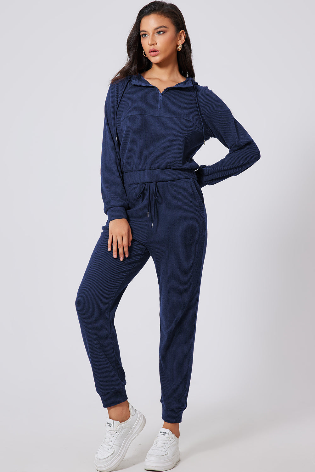 Chic navy blue ribbed knit cropped hoodie and jogger set