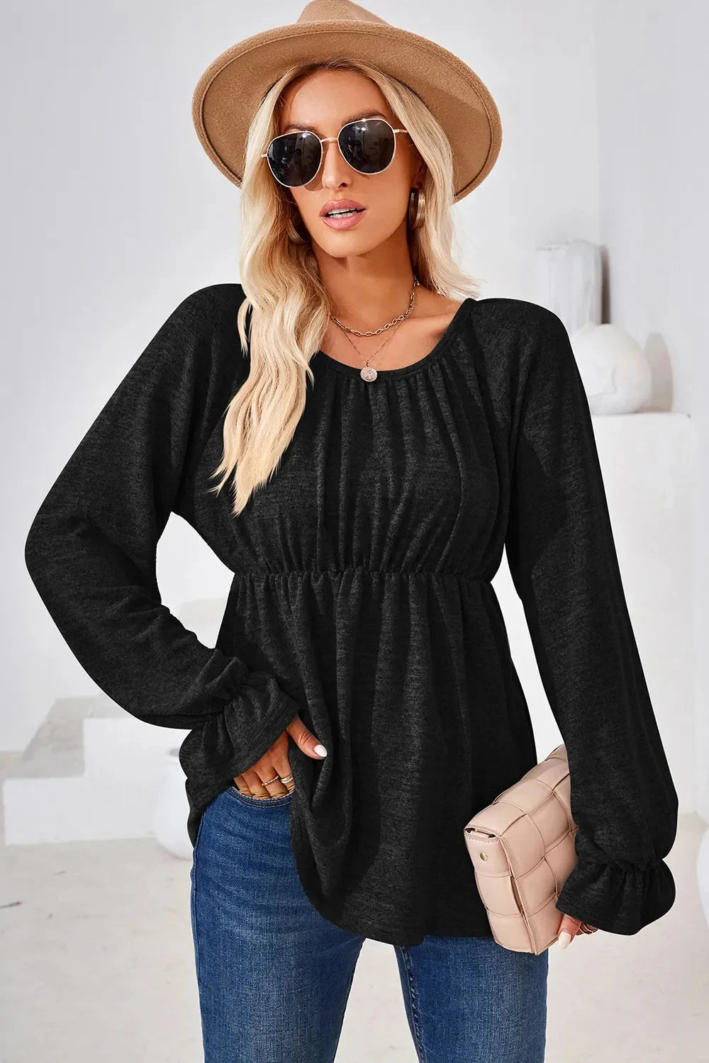 Ruched Round Neck Flounce Sleeve Blouse Coco’s Tee Boutique