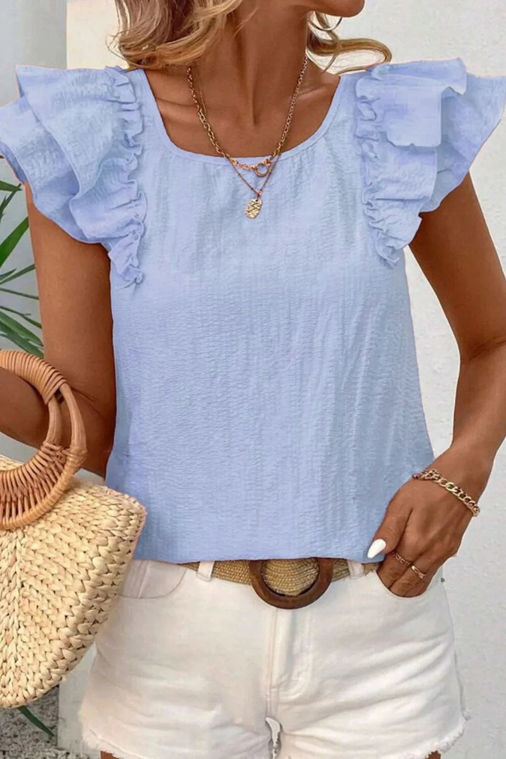 Bow Back Ruffled Cap Sleeve Blouse Simply Love