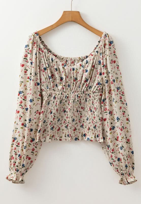 Ruched Floral Print Long Sleeve Scoop Neck Top