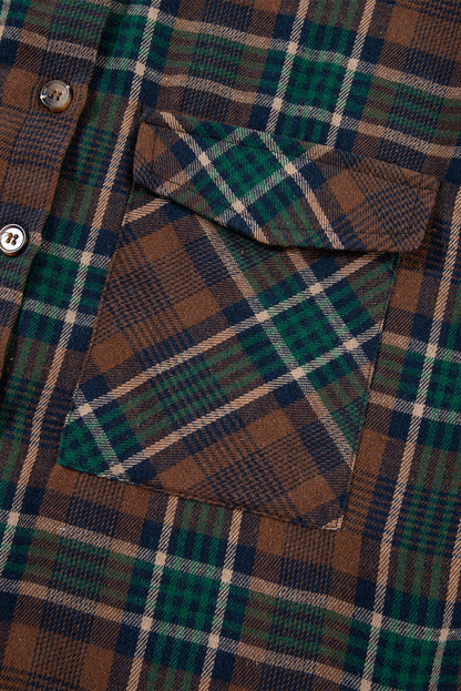 Brown plaid button-up shacket with chest pockets