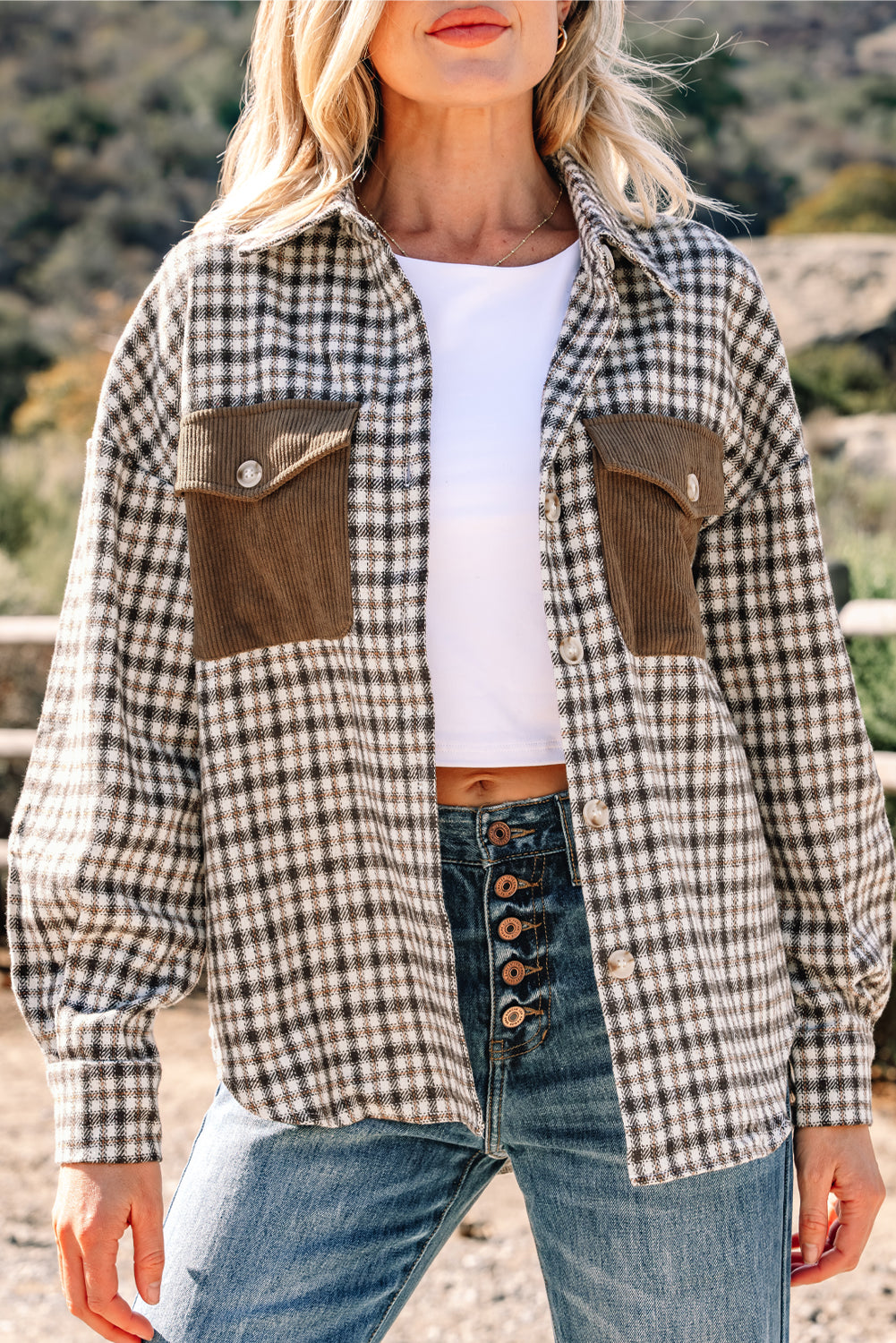 Casual Corduroy Shacket Patchwork Plaid With Flap Pockets Dear-Lover Dropshipping