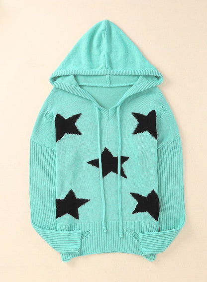 Woven Right Star Distressed Slit Hooded Sweater.