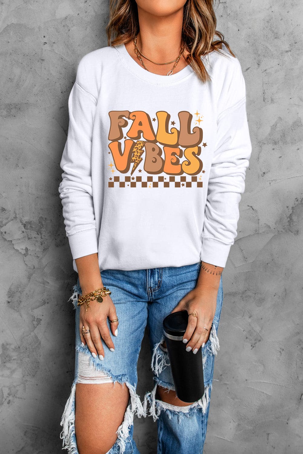 Letter Graphic Round Neck Long Sleeve Sweatshirt.