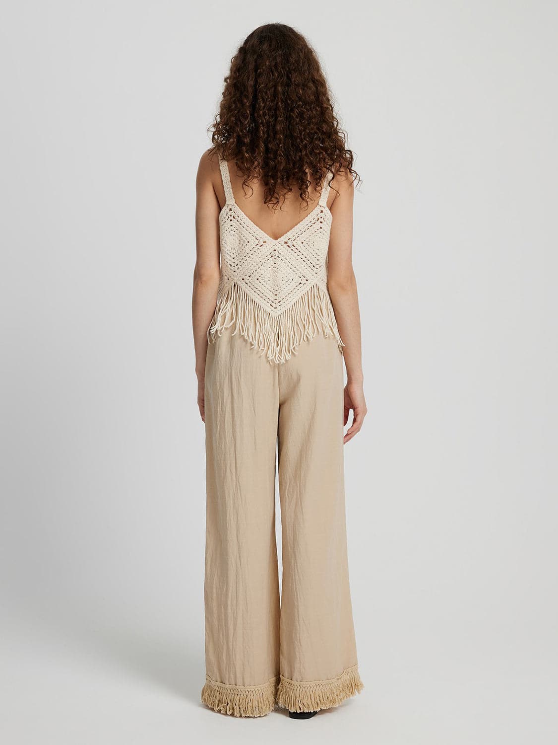 Fringe Hem Wide Leg Long Pants.