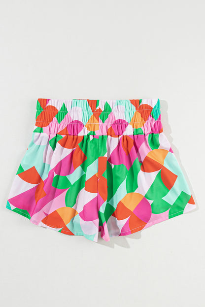 Chic green abstract print smocked waist casual shorts