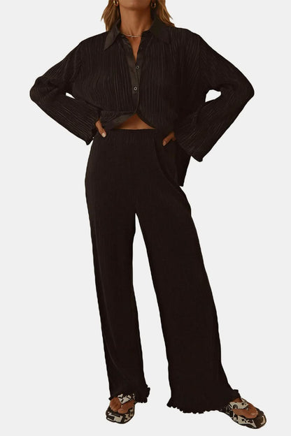 Chic Textured Two-Piece Button-Up Top and Pants Ensemble