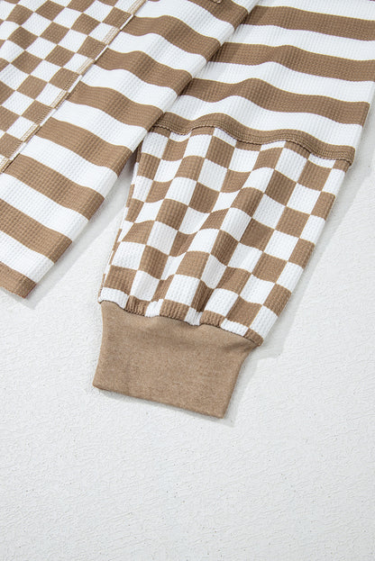 Khaki patchwork blouse with checkerboard and striped design