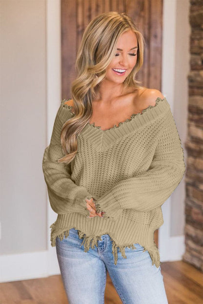 Frayed Hem Dropped Shoulder Sweater.