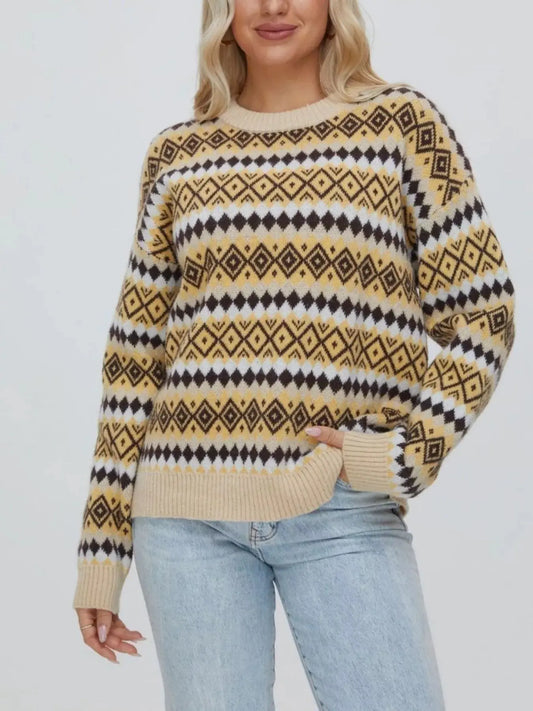 Geometric Pattern Round Neck Sweater Simply Love