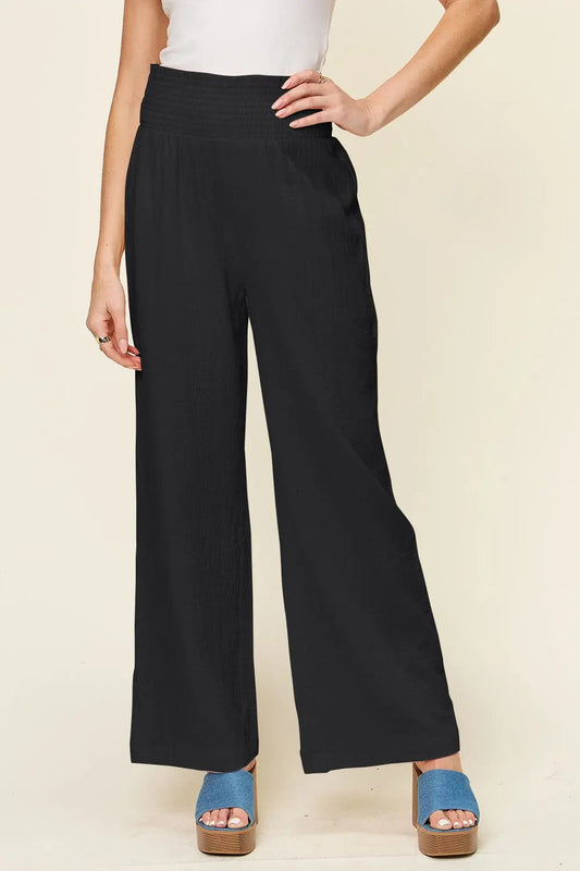 Double Take Full Size Texture Smocked Waist Wide Leg Pants - Love Salve