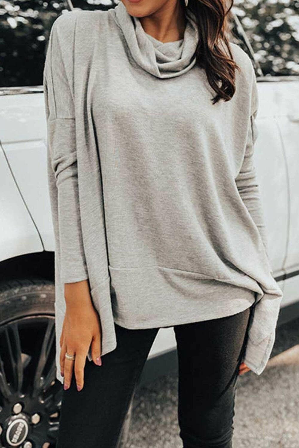 Cowl Neck Long Sleeve Slit Blouse.