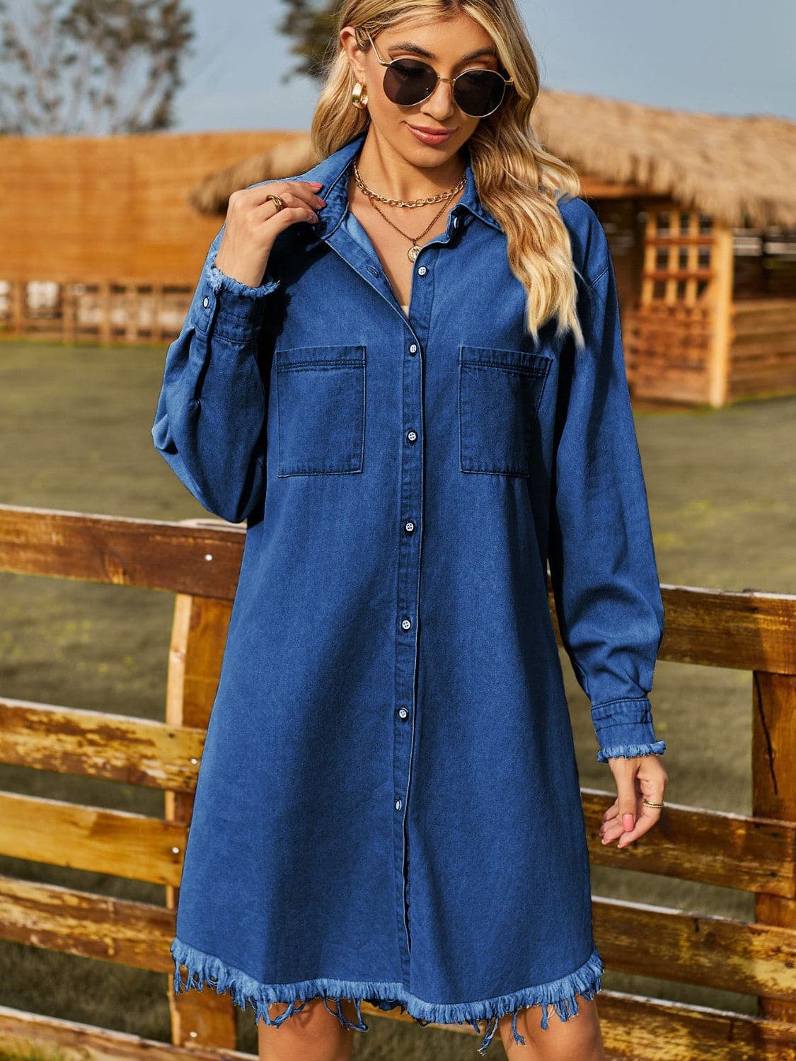 Button Up Collared Neck Raw Hem Denim Dress.