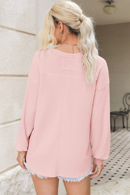 Waffle-Knit V-Neck Long Sleeve Top.