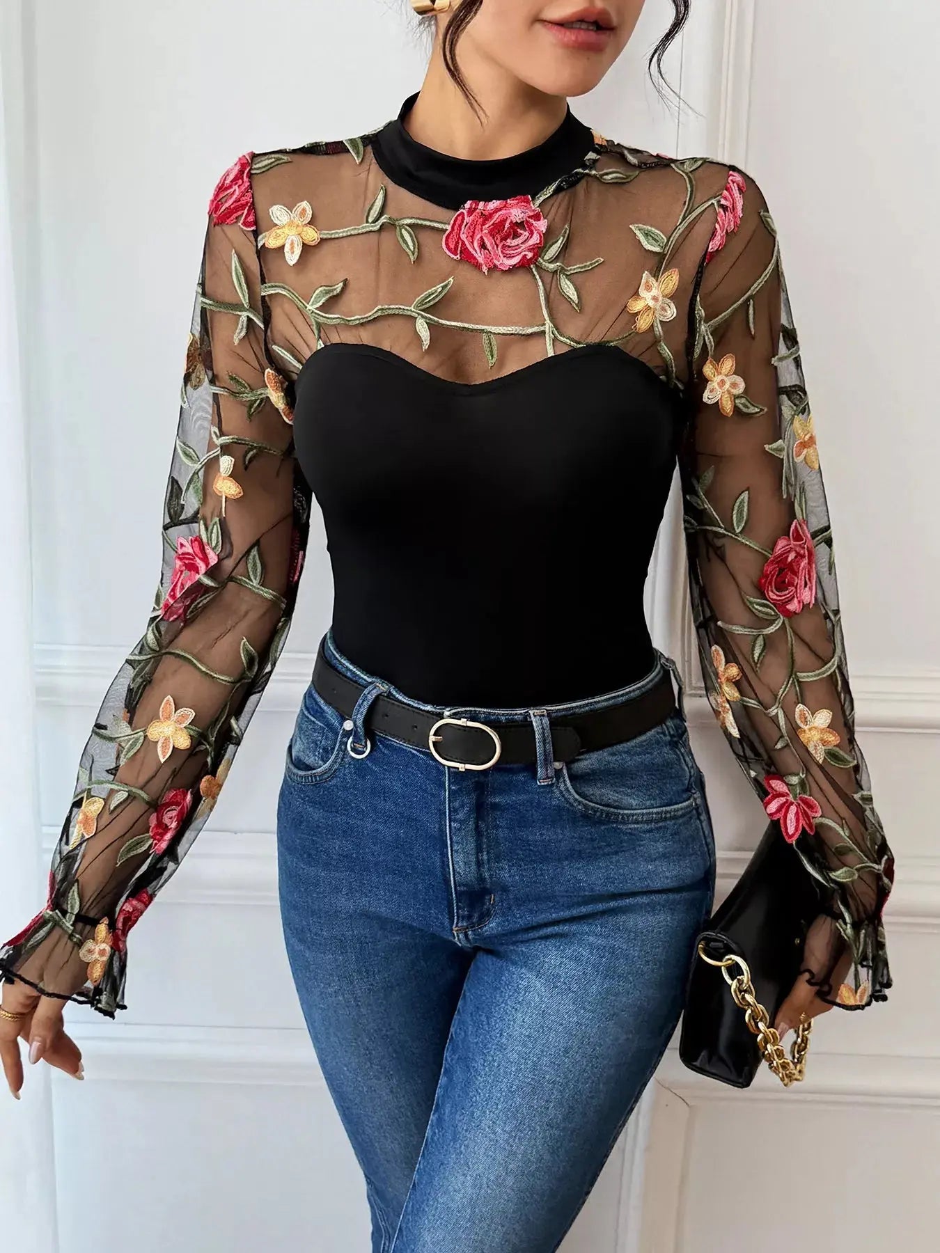 Floral Embroidered Mesh Long Sleeve Bodysuit Simply Love