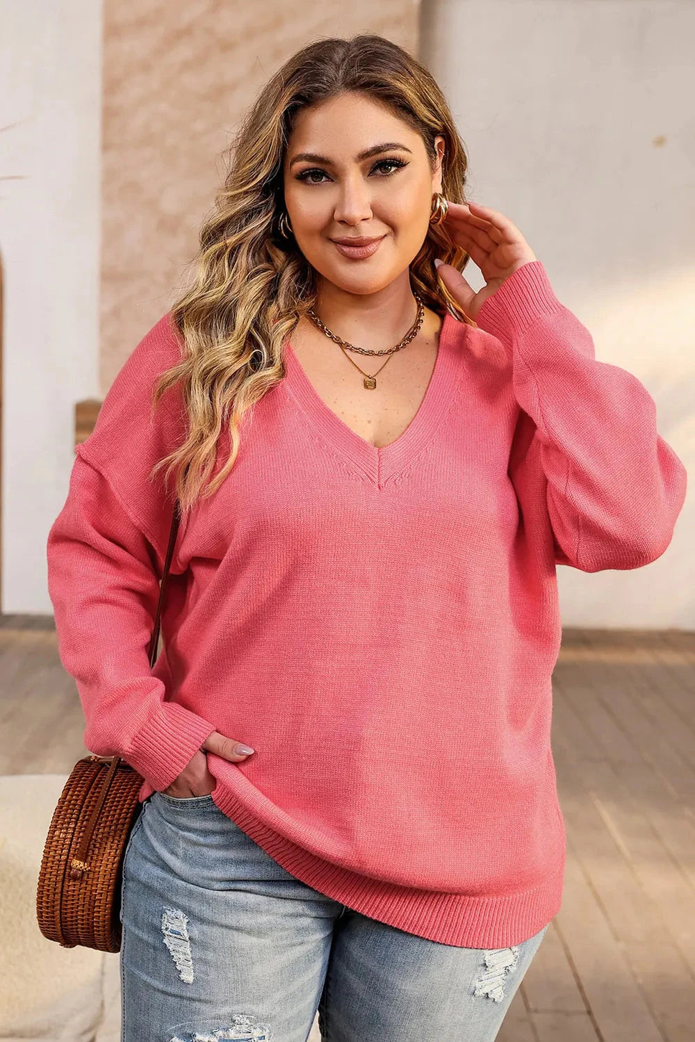 Plus Size V-Neck Dropped Shoulder Sweater Coco’s Tee Boutique