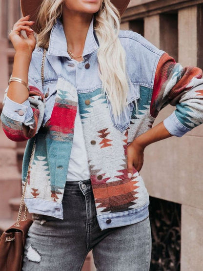 Chic geometric print denim jacket with long sleeves