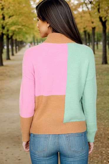 Color Block Mock Neck Dropped Shoulder Sweater.