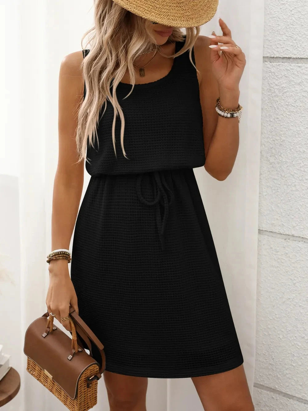 Waffle-Knit Drawstring Mini Tank Dress Simply Love