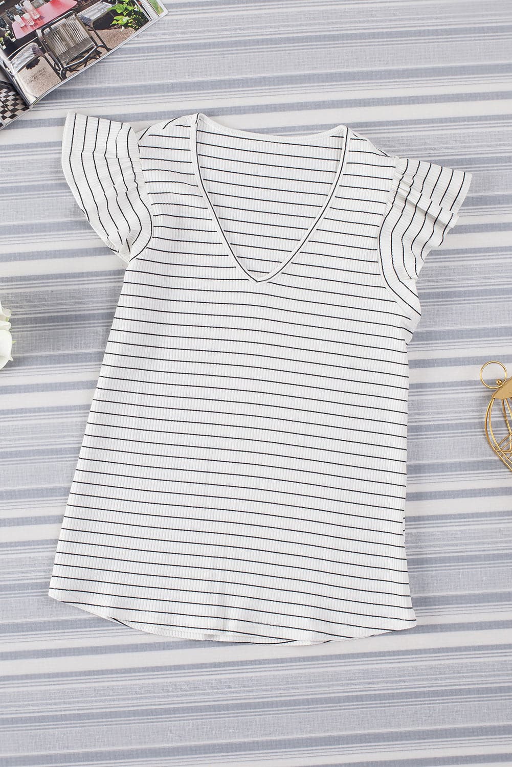 Ruffled Striped V-Neck Cap Sleeve Blouse.