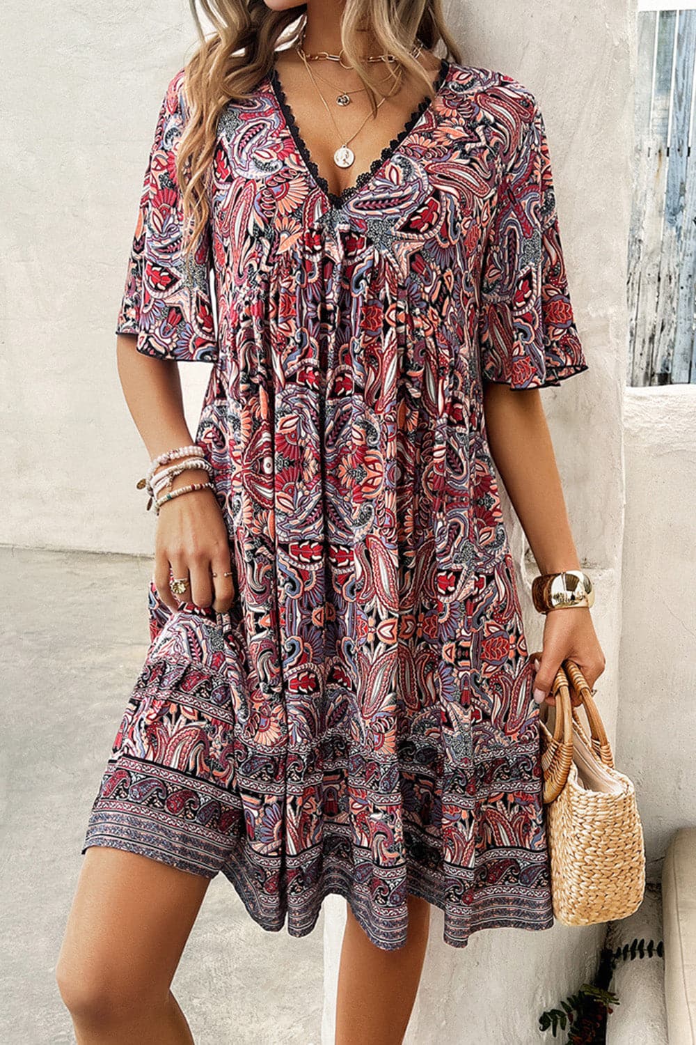 Printed V-Neck Half Sleeve Mini Dress.