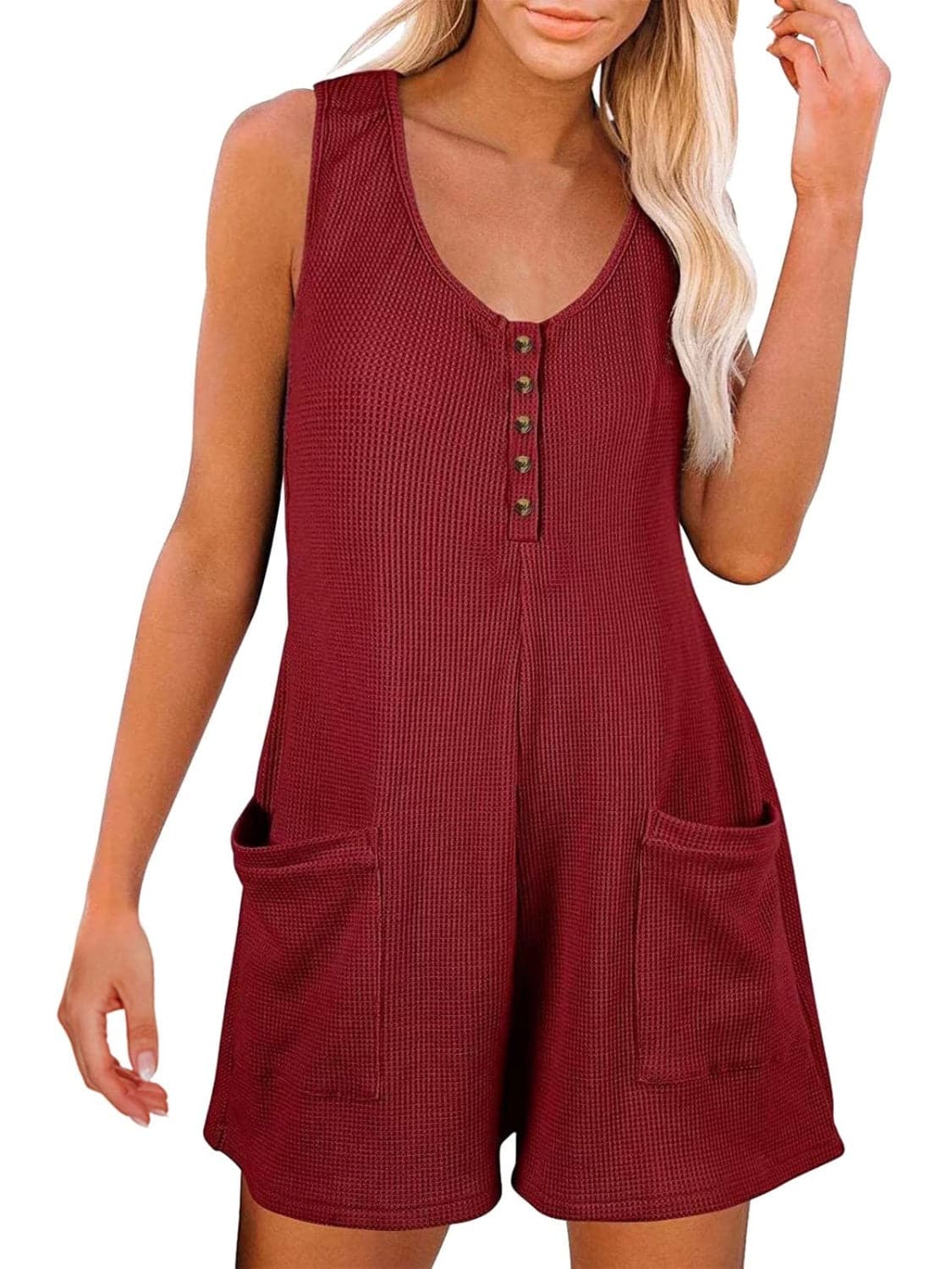 Full Size Pocketed Scoop Neck Sleeveless Romper.