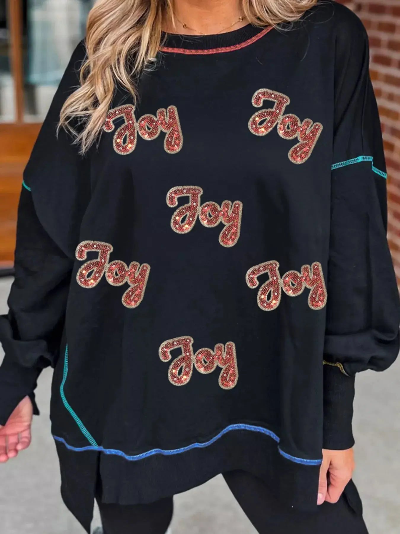 Sequin Joy Letter Graphic Contrast Seam Detail Drop Shoulder Sweatshirt Simply Love