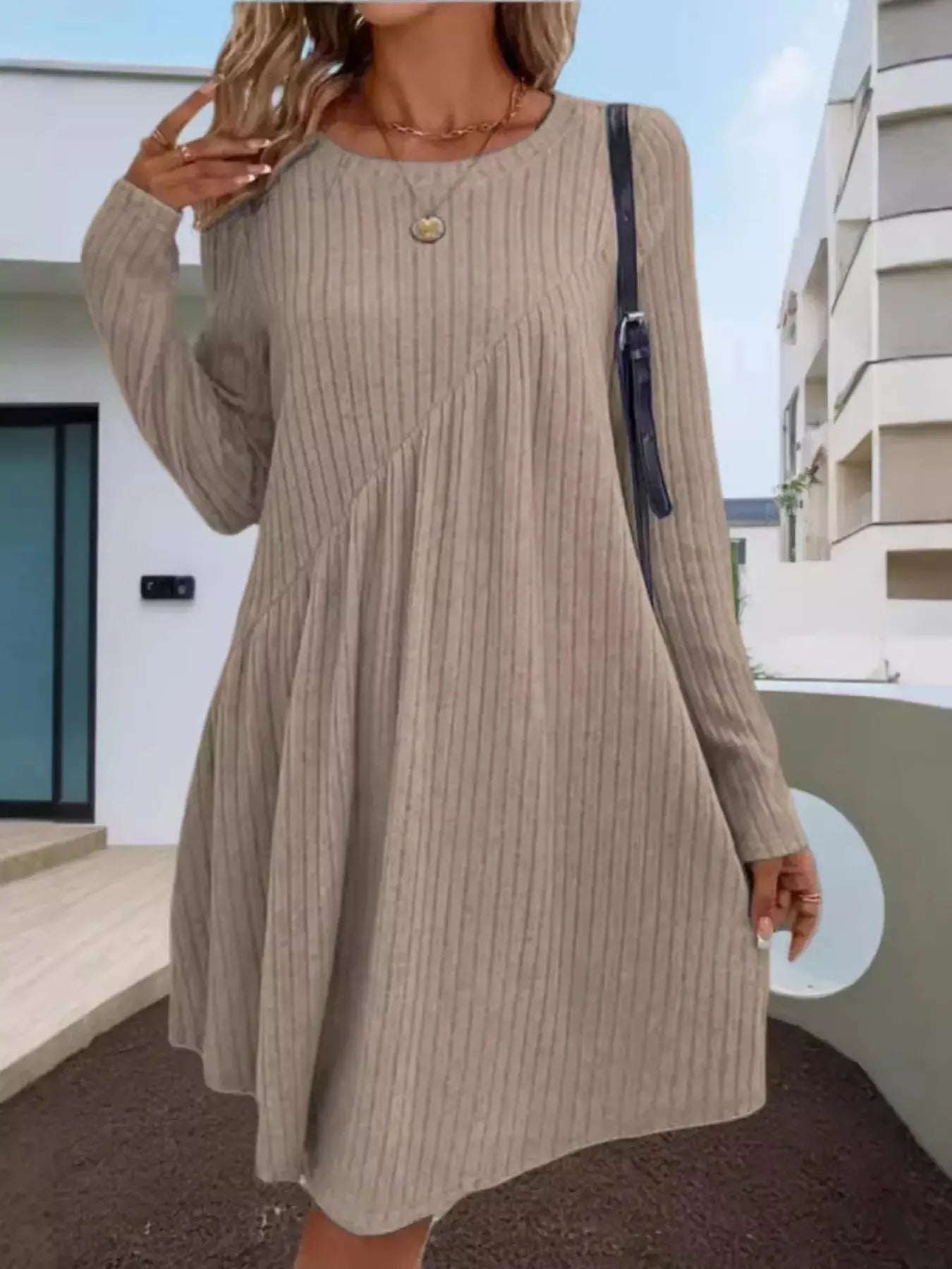 Casual Ribbed Knit Long Sleeve Swing Dress Simply Love