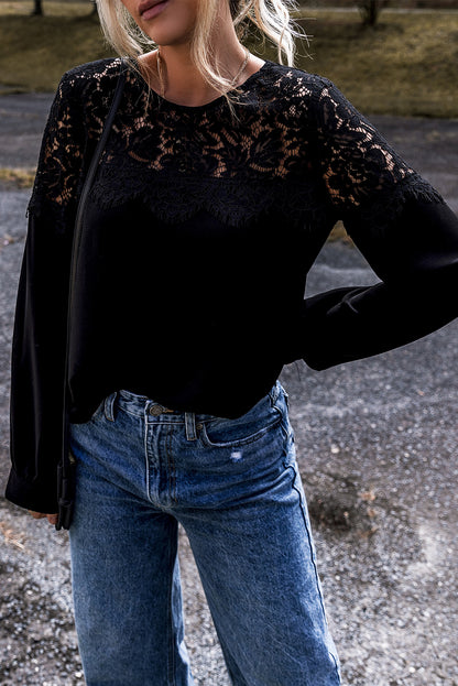 Elegant black lace crochet long sleeve top with O neck design