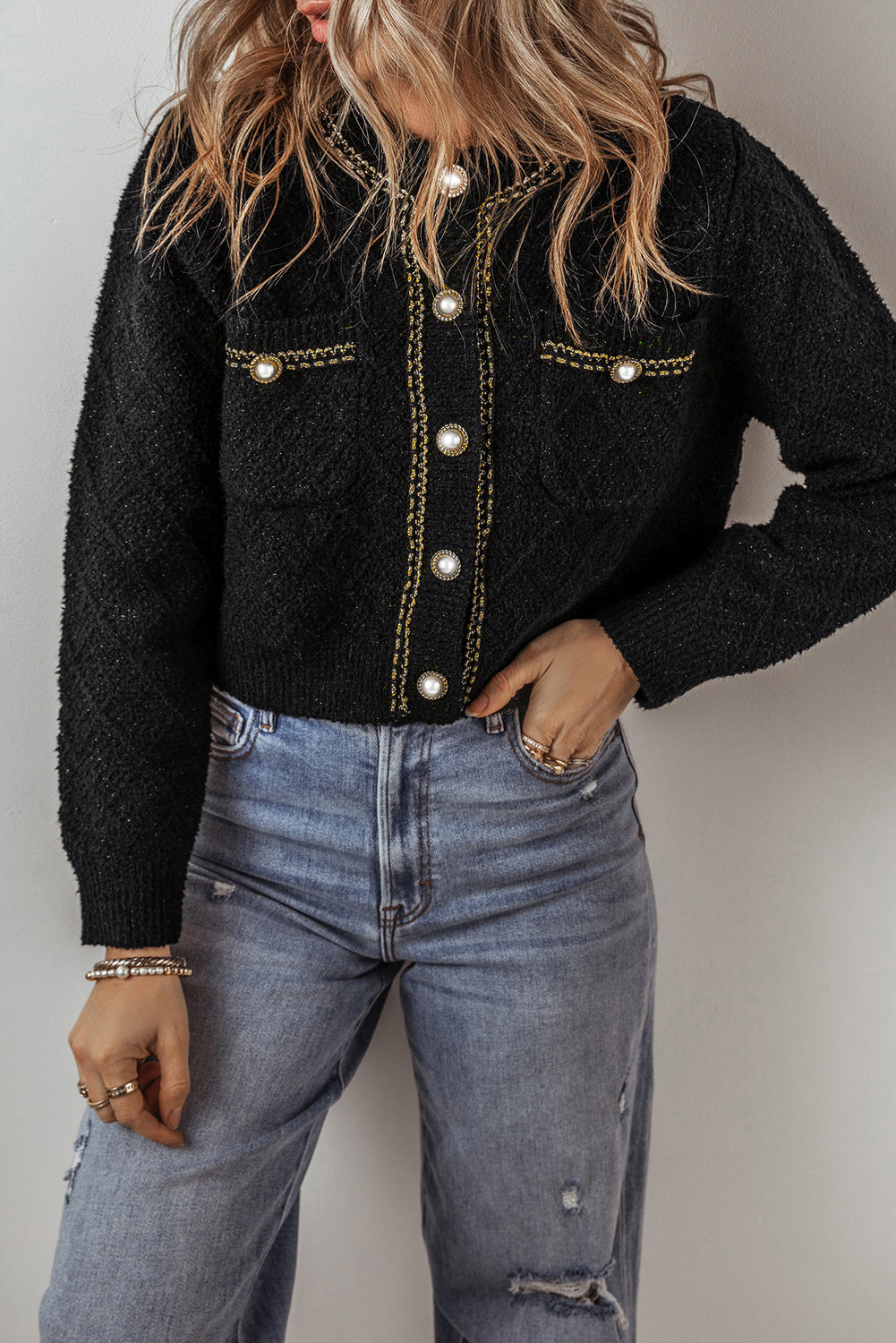 Glamorous Black Button-Up Cardigan with Flap Pockets