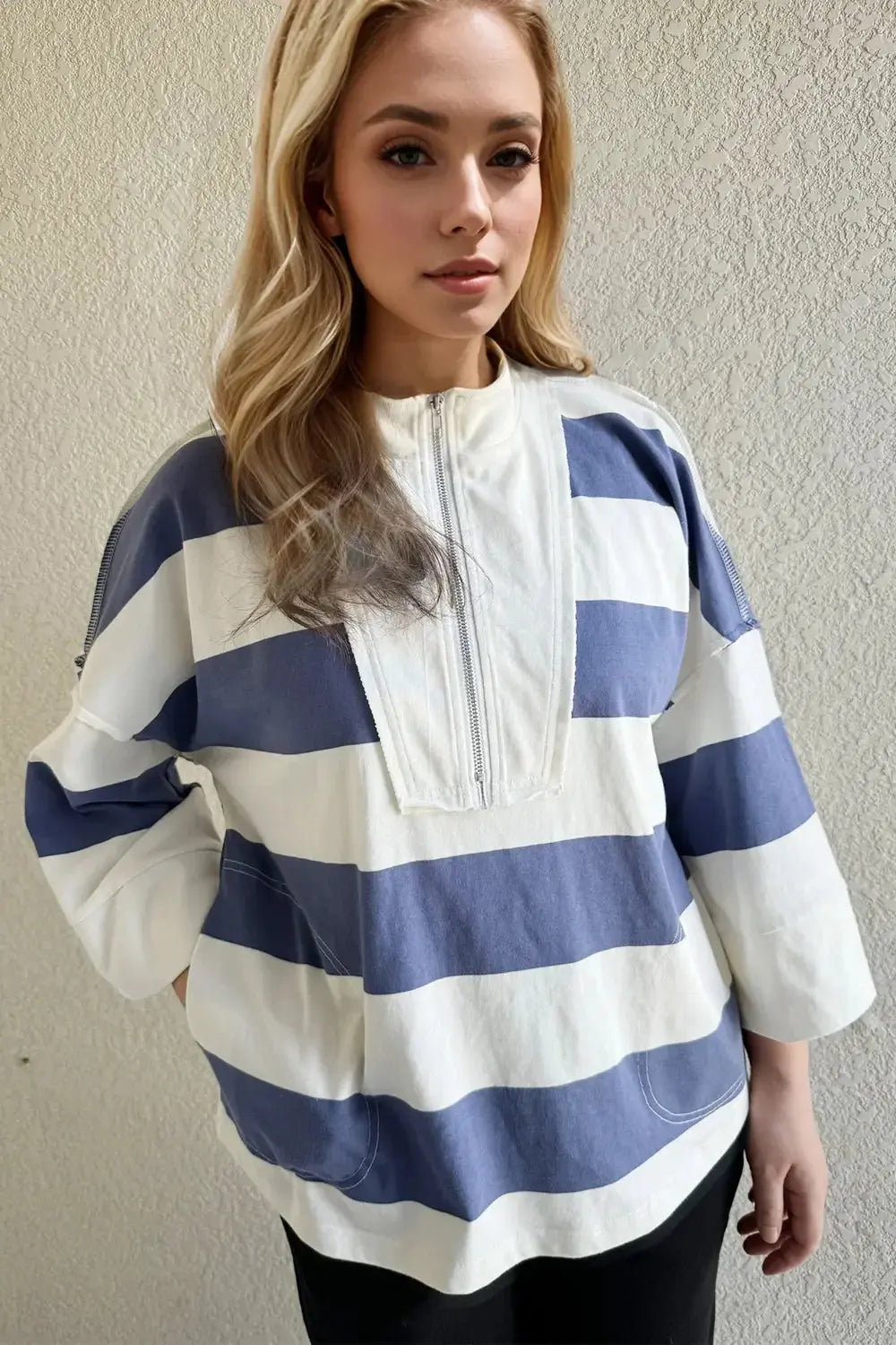 Oh Pima Cotton Wash Striped Half Zip Mock Neck Long Sleeve Top - Love Salve