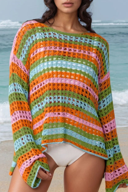 Openwork Round Neck Long Sleeve Knit Cover Up