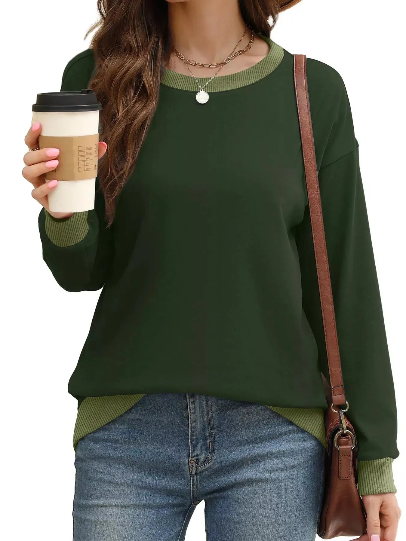Contrast Trim Crew Neck Casual Sweatshirt Simply Love