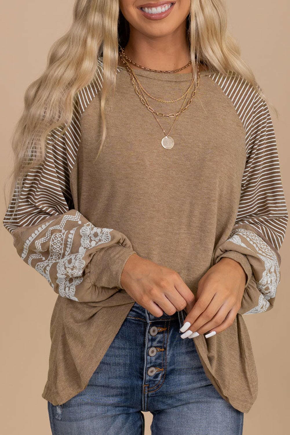 Striped Round Neck Long Sleeve Blouse.