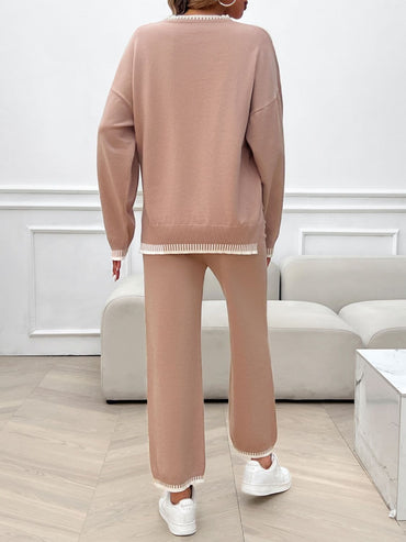 Round Neck Dropped Shoulder Top and Pants Sweater Set.