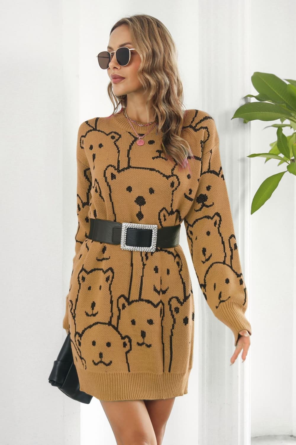 Bear Pattern Round Neck Sweater Dress.