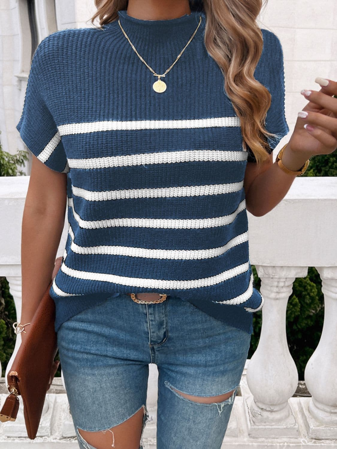 Striped Mock Neck Short Sleeve Sweater.