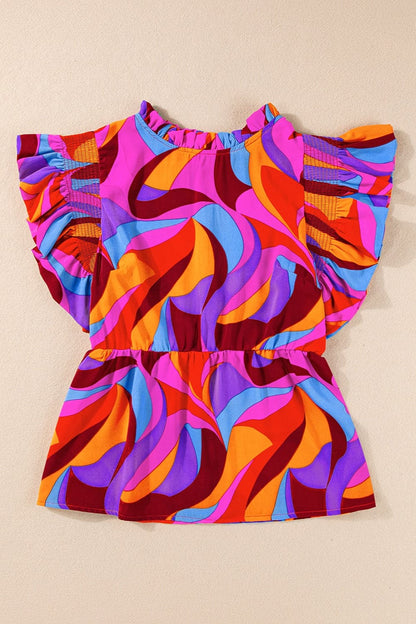 Chic ruffled mock neck cap sleeve blouse with colorful swirl design, perfect for casual or formal occasions.