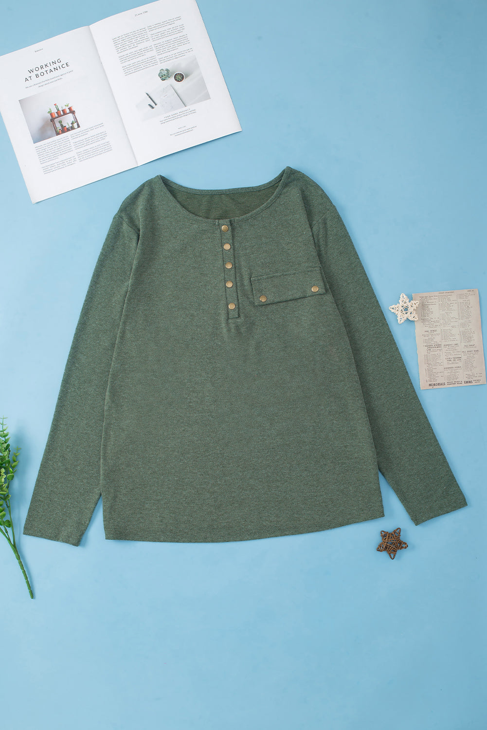 Cozy mist green plus size snap-front Henley top