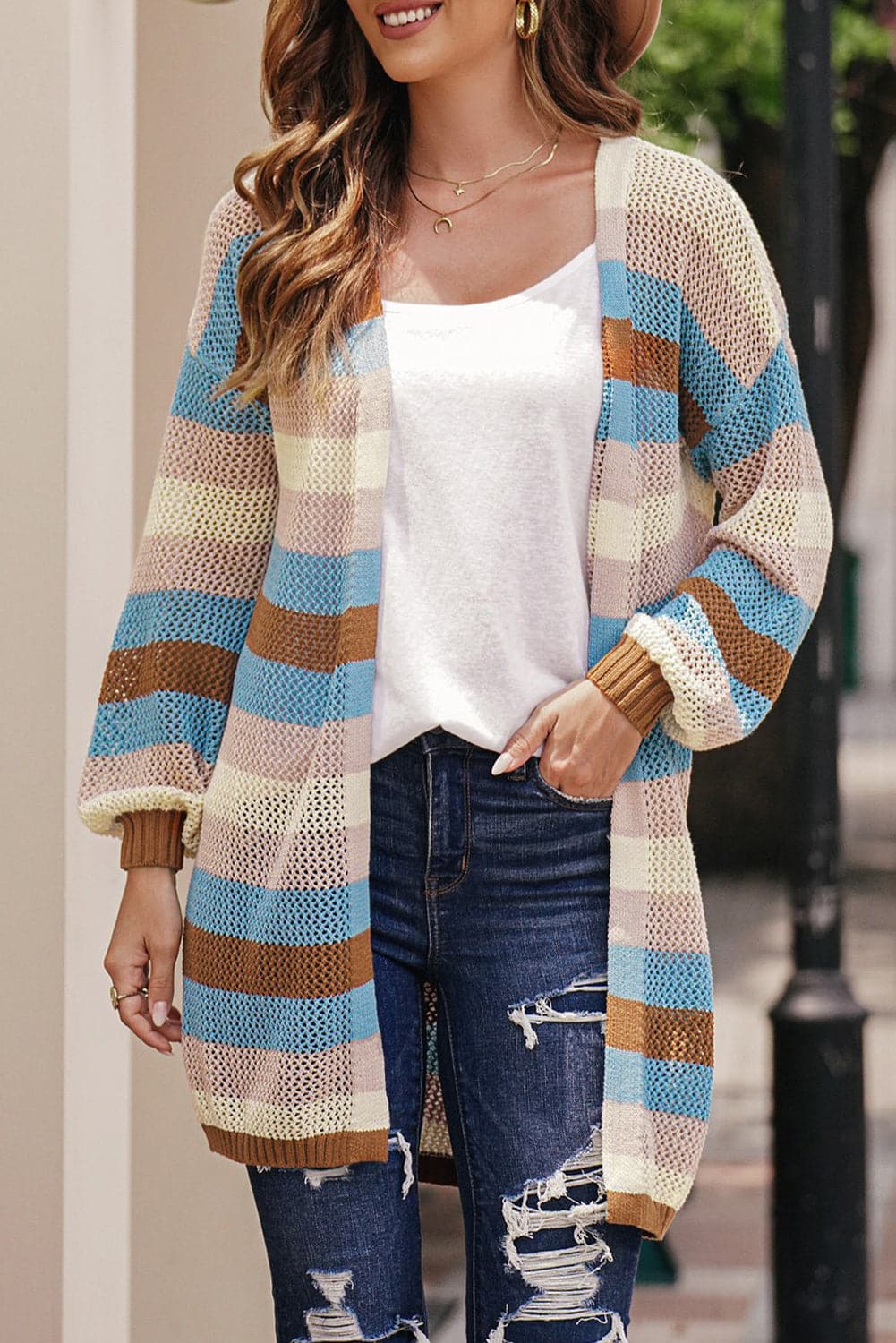 Full Size Striped Long Sleeve Openwork Cardigan.