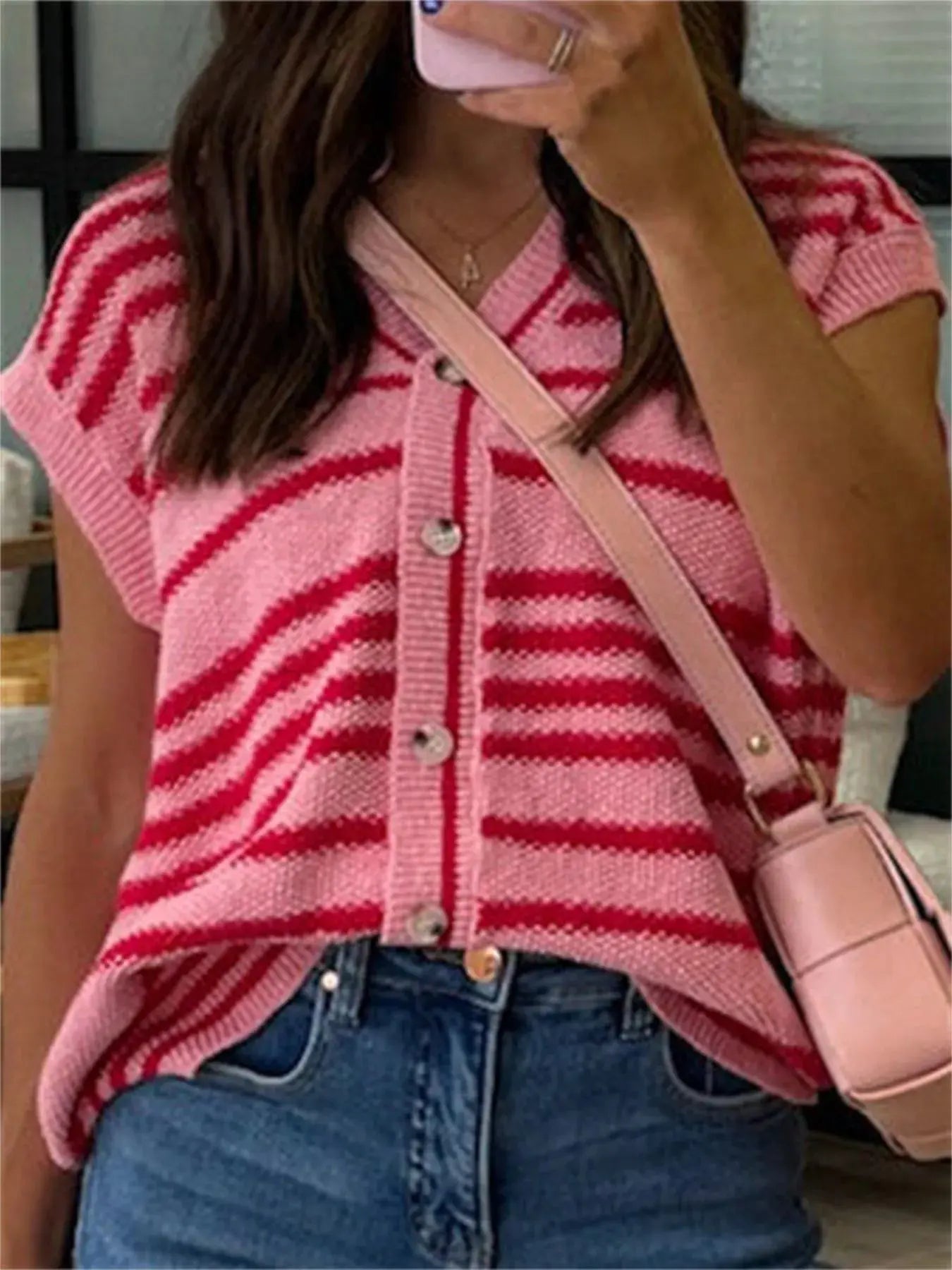 Striped Knit Button Up Cap Sleeve Cardigan Simply Love