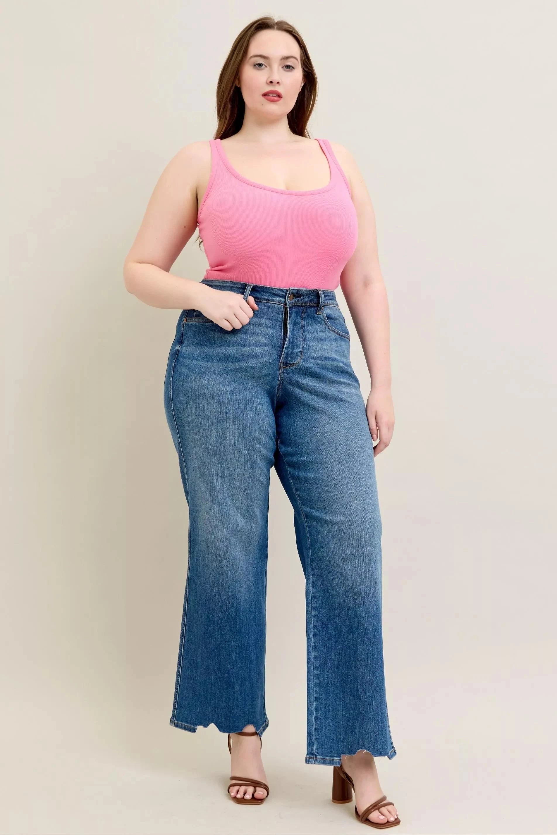 Judy Blue Full Size High Waist Tummy Control Chew Hem Destroy Wide Jeans Plus Size Coco’s Tee Boutique