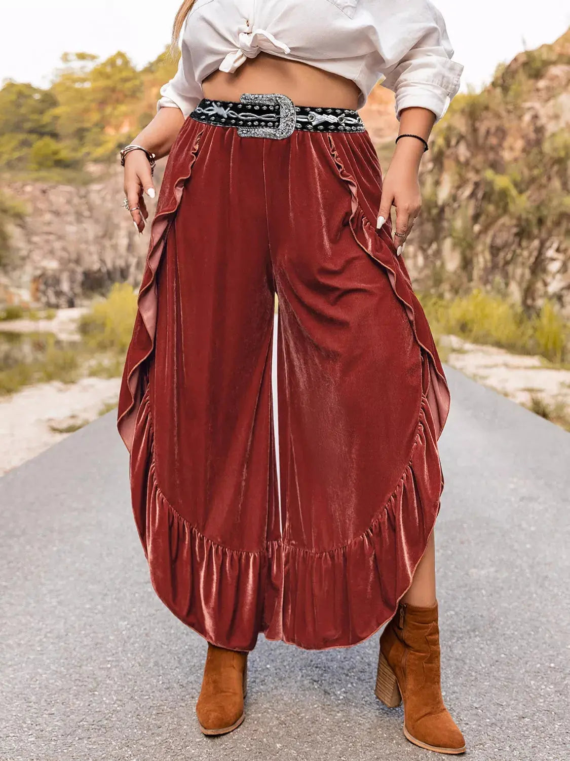 Plus Size Velvet Ruffle Hem Wide Leg Pants Simply Love