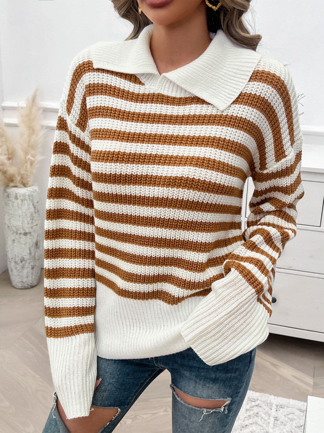 Striped Collared Neck Long Sleeve Sweater.