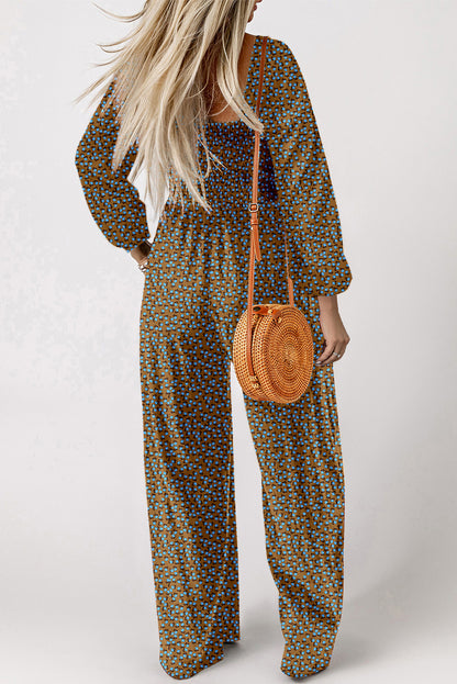Brown Floral Print Western Smocked Bodice Square Neck Wide Leg Jumpsuit